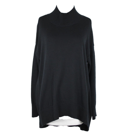 Eileen Fisher Sz S Black Turtle Neck Asymm 100% Extra Fine Merino Wool Sweater