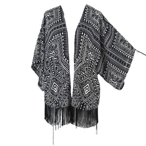INC Sz L Black White Kimono Sleeve Fringe Detail Open 100% Polyester Wrap