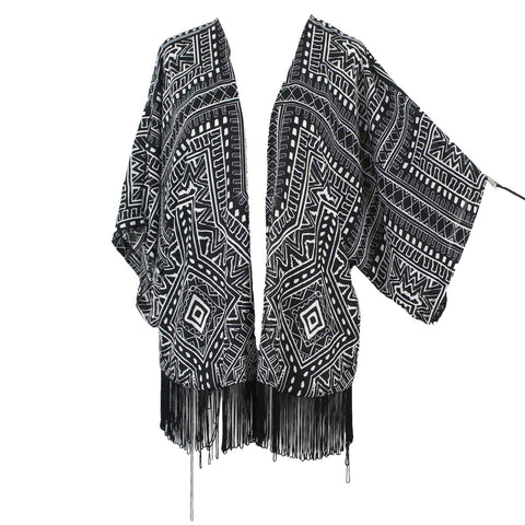 INC Sz L Black White Kimono Sleeve Fringe Detail Open 100% Polyester Wrap
