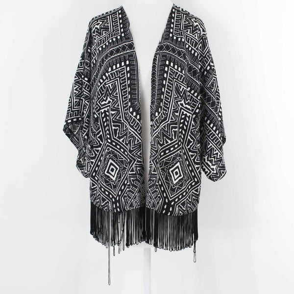 INC Sz L Black White Kimono Sleeve Fringe Detail Open 100% Polyester Wrap