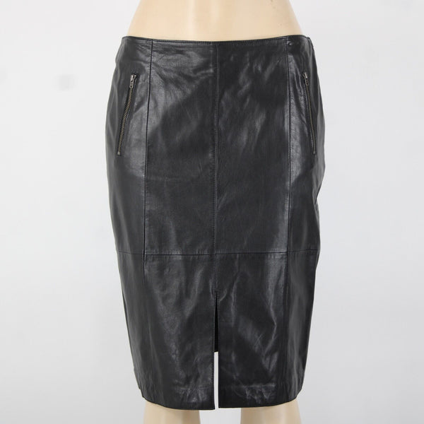 Halogen Sz 8 Black Zip Pockets Knee Length 100% Leather Polyester Lined Skirt