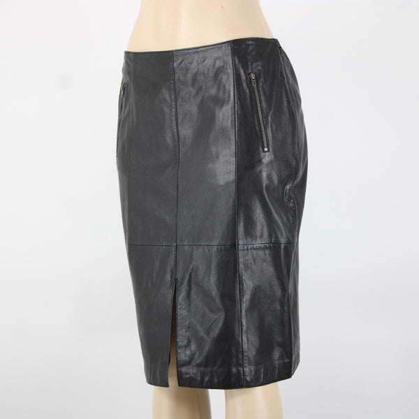 Halogen Sz 8 Black Zip Pockets Knee Length 100% Leather Polyester Lined Skirt