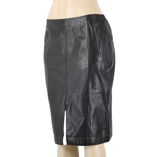 Halogen Sz 8 Black Zip Pockets Knee Length 100% Leather Polyester Lined Skirt