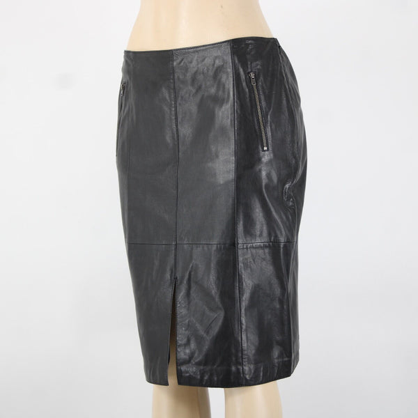 Halogen Sz 8 Black Zip Pockets Knee Length 100% Leather Polyester Lined Skirt