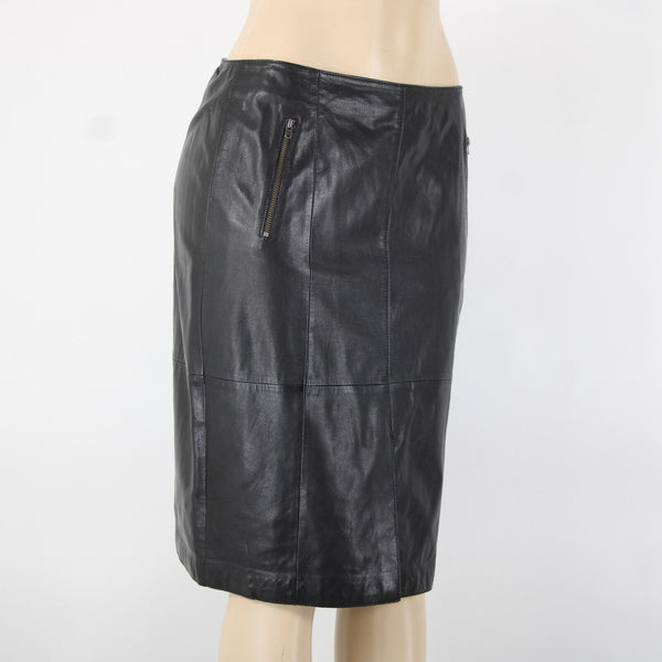 Halogen Sz 8 Black Zip Pockets Knee Length 100% Leather Polyester Lined Skirt