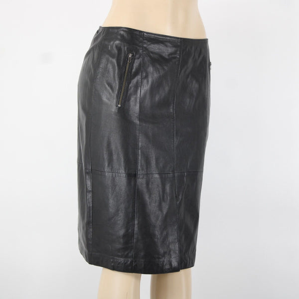 Halogen Sz 8 Black Zip Pockets Knee Length 100% Leather Polyester Lined Skirt