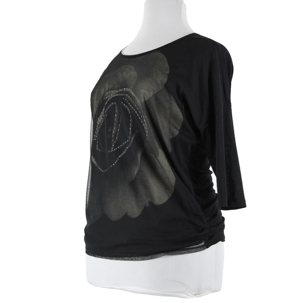 Clothes Head NEW Sz L Black Cream Rose Mesh Overlay Polyester Spandex Top