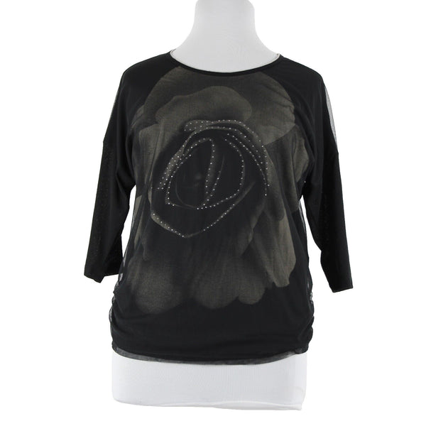 Clothes Head NEW Sz L Black Cream Rose Mesh Overlay Polyester Spandex Top