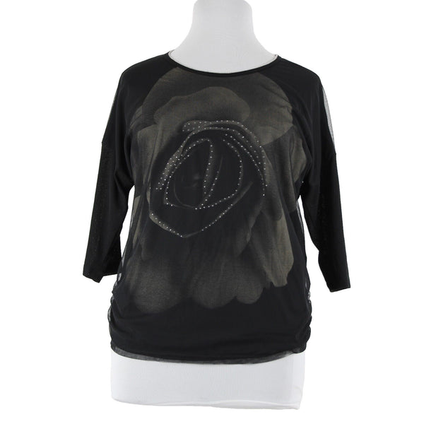 Clothes Head NEW Sz L Black Cream Rose Mesh Overlay Polyester Spandex Top