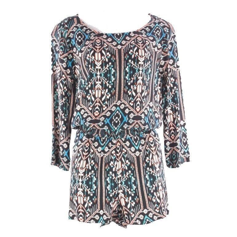 Ella Moss NEW 218 Sz S Black Cream Rust Aqua Ethnic Print Rayon Romper