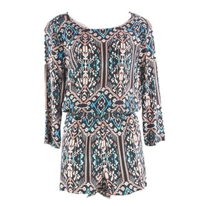 Ella Moss NEW 218 Sz S Black Cream Rust Aqua Ethnic Print Rayon Romper