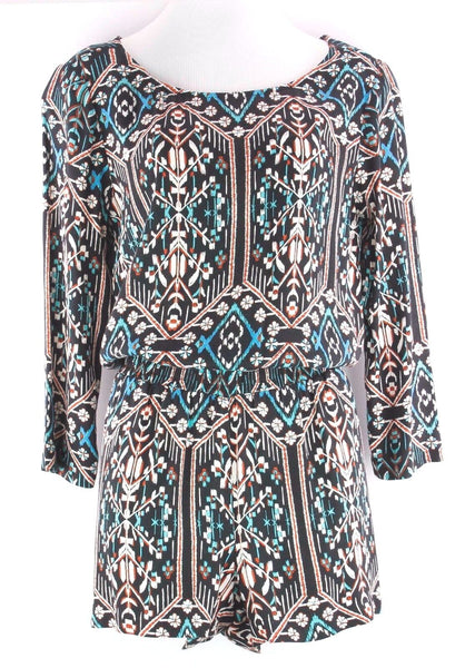 Ella Moss NEW 218 Sz S Black Cream Rust Aqua Ethnic Print Rayon Romper