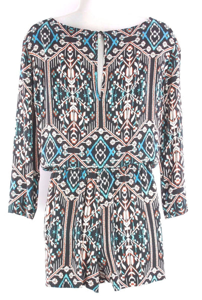 Ella Moss NEW 218 Sz S Black Cream Rust Aqua Ethnic Print Rayon Romper