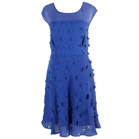Tahari Sz 8 Royal Blue Lined 100% Polyester Silk Dot Appliques Fit N Flare Dress