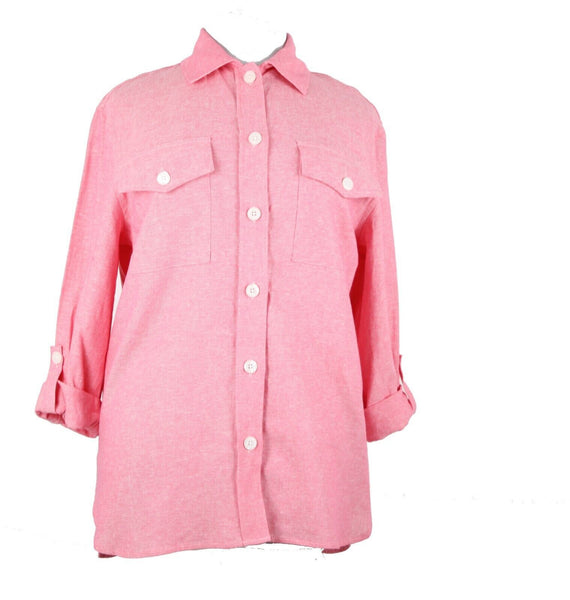 Jones New York NEW $90 Camellia Sz M Pink White Collared Linen Viscose Top