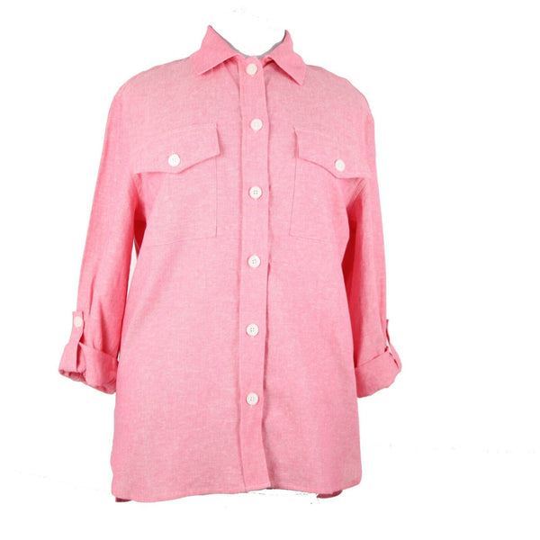 Jones New York NEW $90 Camellia Sz M Pink White Collared Linen Viscose Top