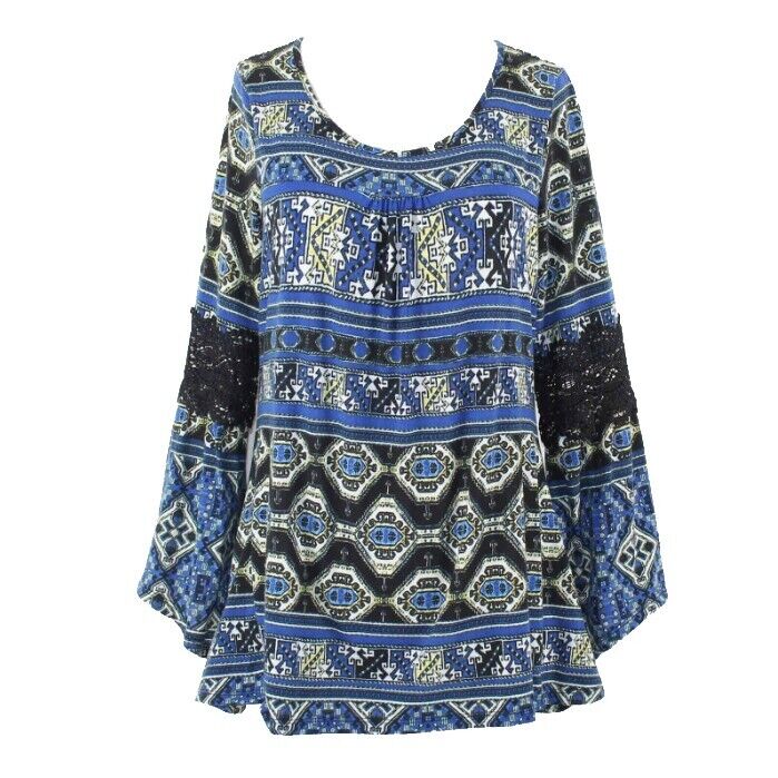 Hannah Sz S Royal Blue Multi Lace Arm Insert Hi Lo Polyester Blend Top