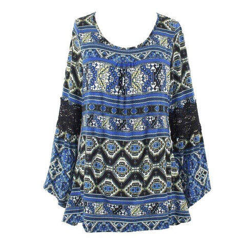 Hannah Sz S Royal Blue Multi Lace Arm Insert Hi Lo Polyester Blend Top