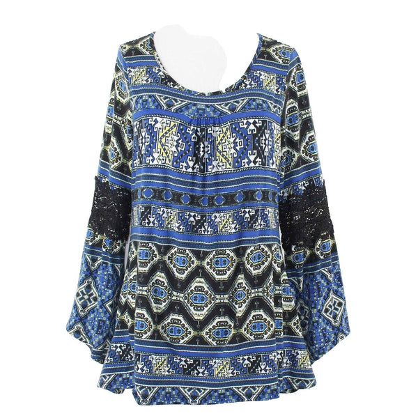 Hannah Sz S Royal Blue Multi Lace Arm Insert Hi Lo Polyester Blend Top