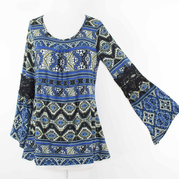 Hannah Sz S Royal Blue Multi Lace Arm Insert Hi Lo Polyester Blend Top