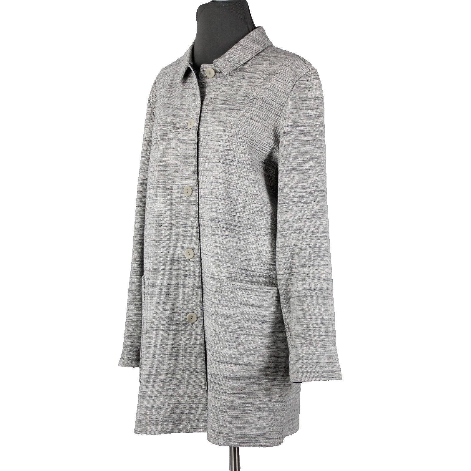Eileen Fisher Sz SP Gray Long Sleeve Button Front Pockets Cotton Textured Coat