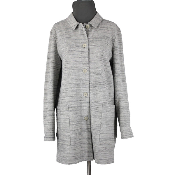 Eileen Fisher Sz SP Gray Long Sleeve Button Front Pockets Cotton Textured Coat