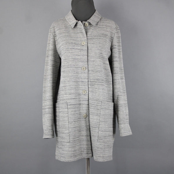 Eileen Fisher Sz SP Gray Long Sleeve Button Front Pockets Cotton Textured Coat