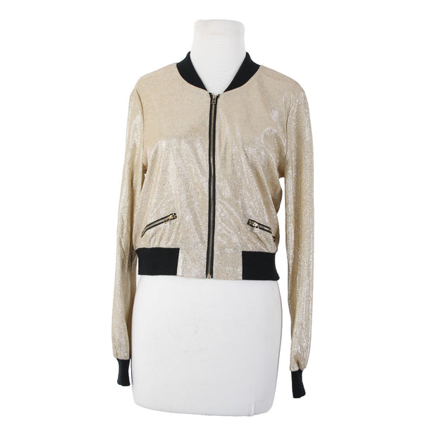 Entry Sz M Gold Lame' Black Glitter Zipper Faux Pockets Polyester Spandex Jacket