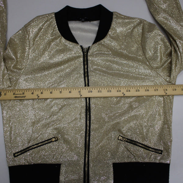 Entry Sz M Gold Lame' Black Glitter Zipper Faux Pockets Polyester Spandex Jacket