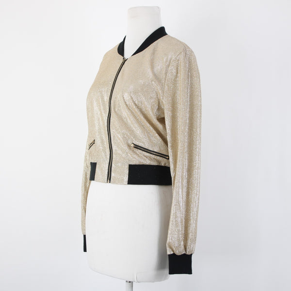 Entry Sz M Gold Lame' Black Glitter Zipper Faux Pockets Polyester Spandex Jacket