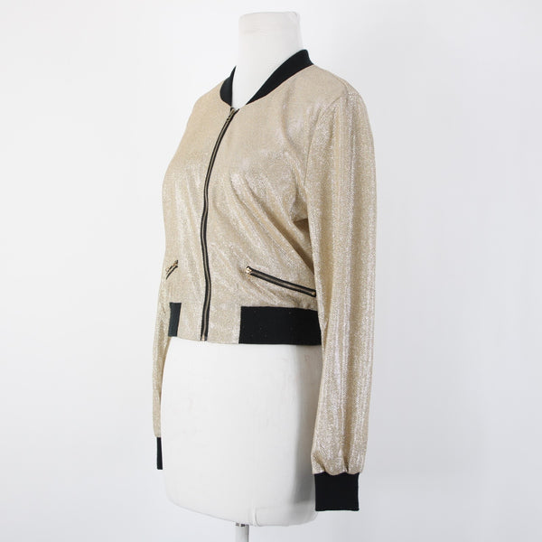 Entry Sz M Gold Lame' Black Glitter Zipper Faux Pockets Polyester Spandex Jacket