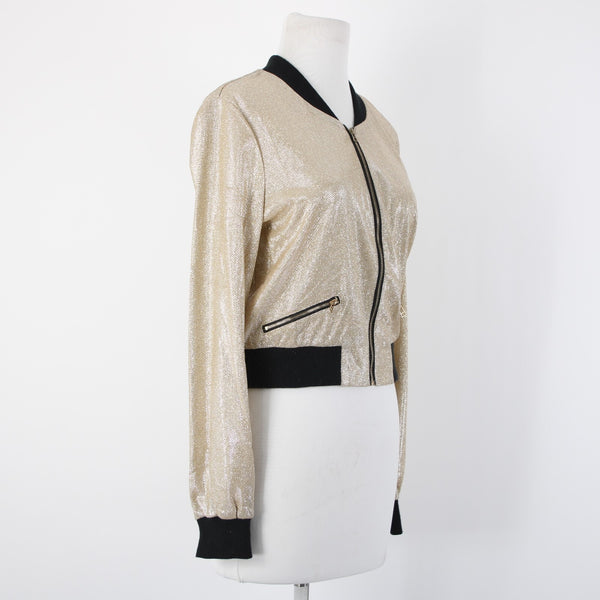 Entry Sz M Gold Lame' Black Glitter Zipper Faux Pockets Polyester Spandex Jacket