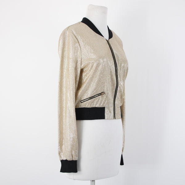 Entry Sz M Gold Lame' Black Glitter Zipper Faux Pockets Polyester Spandex Jacket