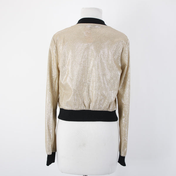Entry Sz M Gold Lame' Black Glitter Zipper Faux Pockets Polyester Spandex Jacket