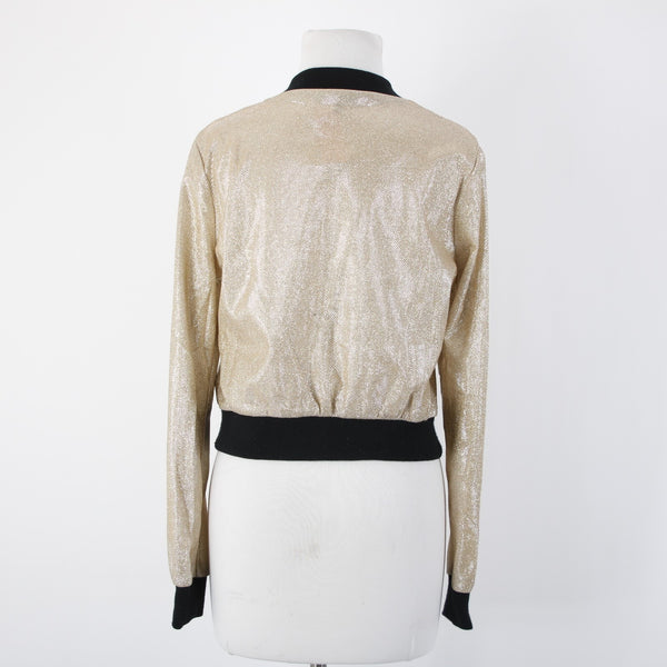 Entry Sz M Gold Lame' Black Glitter Zipper Faux Pockets Polyester Spandex Jacket
