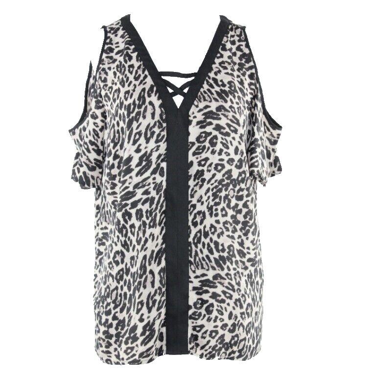 Chicos Sz 0 Black Tan Animal Cold Shoulder Strappy V 100% Polyester Top