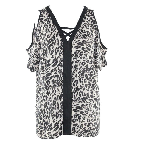 Chicos Sz 0 Black Tan Animal Cold Shoulder Strappy V 100% Polyester Top
