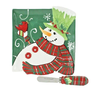 Fitz Floyd Holly Hat Snowman 6.5" x 7" Snack Plate Matching Knife Spreader