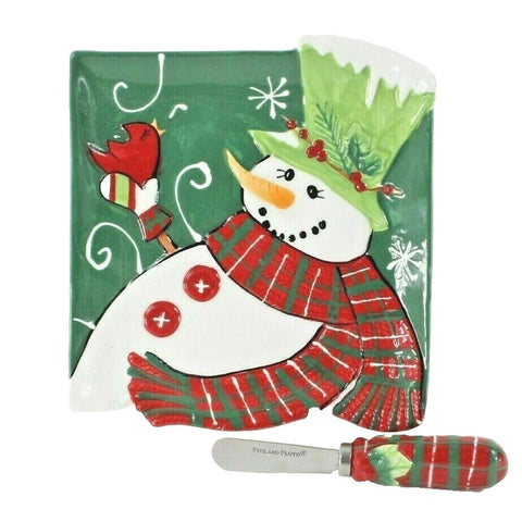 Fitz Floyd Holly Hat Snowman 6.5" x 7" Snack Plate Matching Knife Spreader