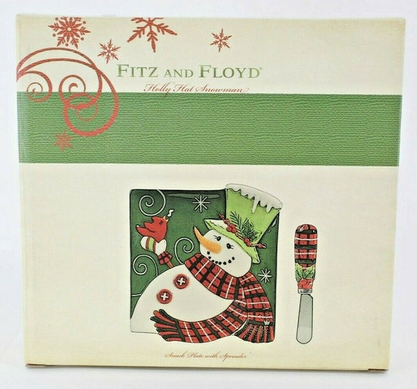 Fitz Floyd Holly Hat Snowman 6.5" x 7" Snack Plate Matching Knife Spreader