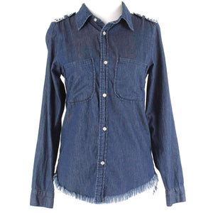 NSF Sz P Denim Blue Black White Beaded Epaulettes Fringe Hem Cotton Shirt
