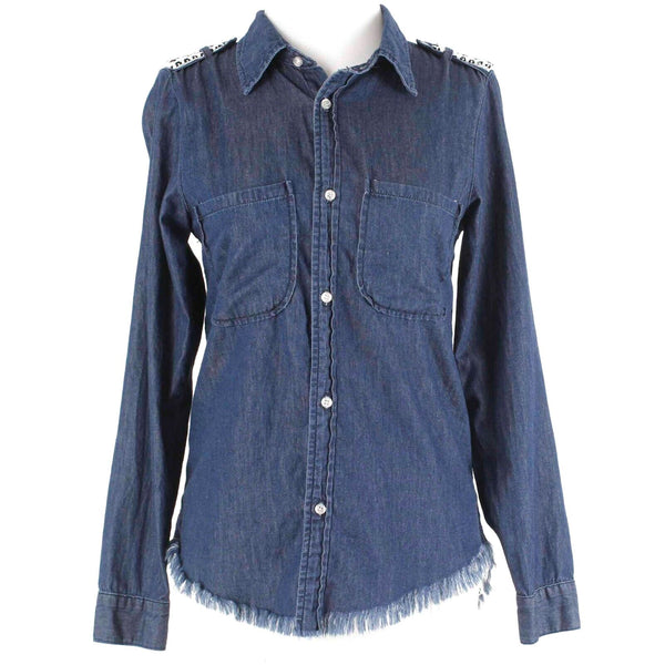 NSF Sz P Denim Blue Black White Beaded Epaulettes Fringe Hem Cotton Shirt