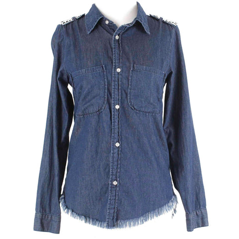 NSF Sz P Denim Blue Black White Beaded Epaulettes Fringe Hem Cotton Shirt