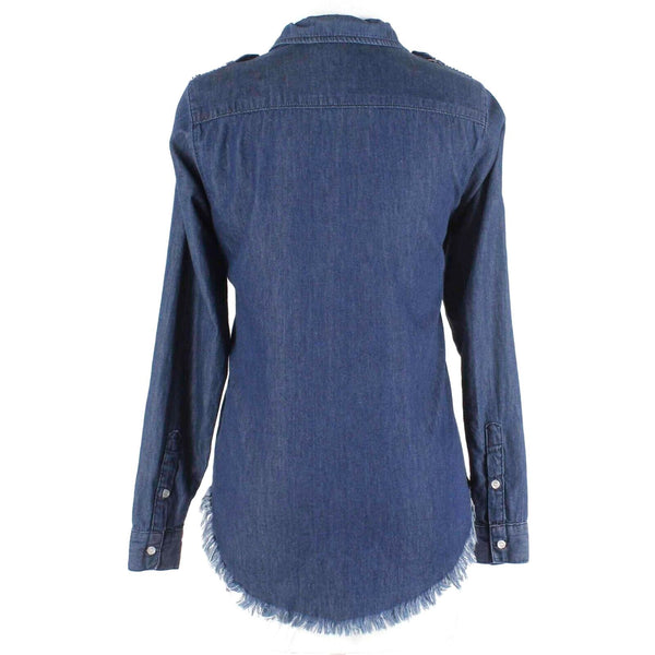 NSF Sz P Denim Blue Black White Beaded Epaulettes Fringe Hem Cotton Shirt