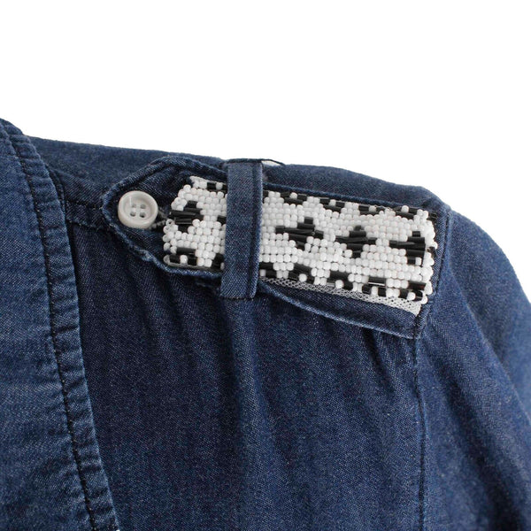 NSF Sz P Denim Blue Black White Beaded Epaulettes Fringe Hem Cotton Shirt
