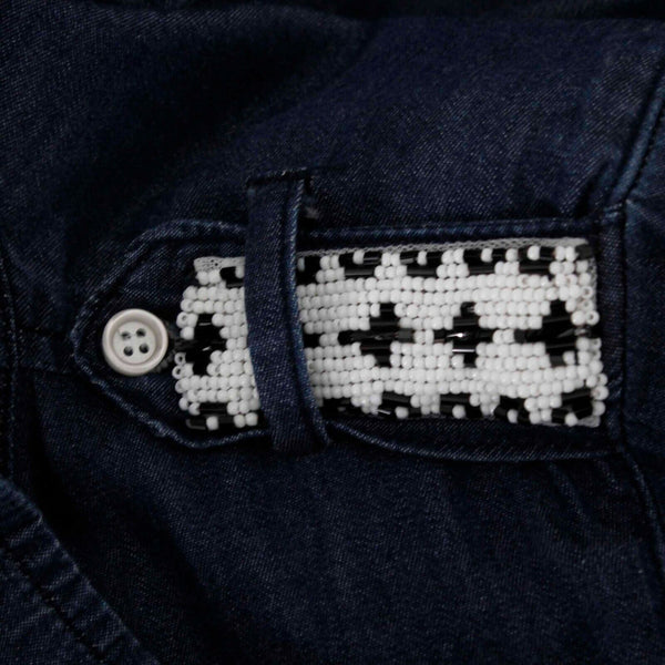 NSF Sz P Denim Blue Black White Beaded Epaulettes Fringe Hem Cotton Shirt