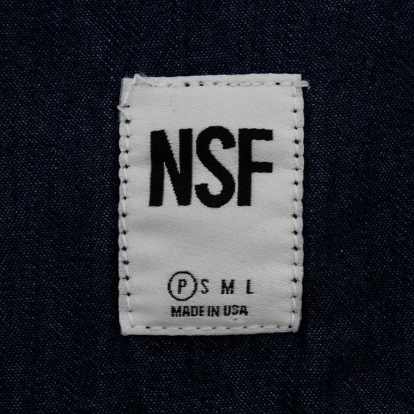 NSF Sz P Denim Blue Black White Beaded Epaulettes Fringe Hem Cotton Shirt