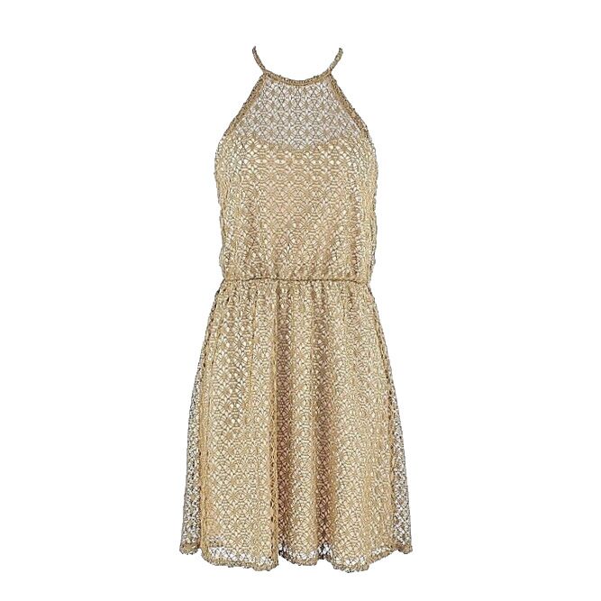 City Triangles Sz S Dark Gold Crochet Nude Lined Poly Halter Dress