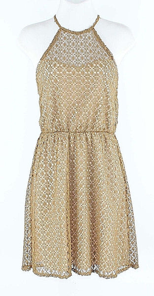 City Triangles Sz S Dark Gold Crochet Nude Lined Poly Halter Dress
