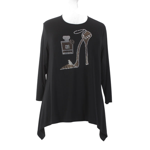 Gardy Top Sz XL Black Heels Perfume Rhinestone Embellished Cotton Top